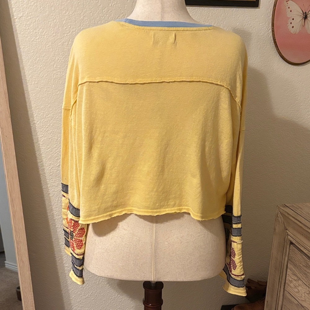 We The Free Yellow Cropped Long Sleeve Tee with Embroidered Sleeves - Picture 4 of 7